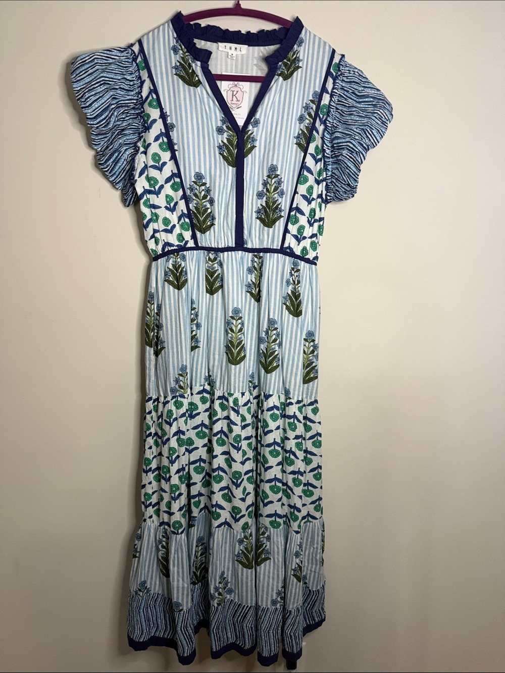 THML Light Blue Floral Stripe Maxi Dress with Navy Trim
